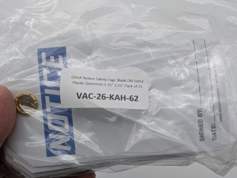 OSHA Notice Safety Tags Blank Dbl Sided Plastic Grommet 5.75" 3.25" Pack of 25 5