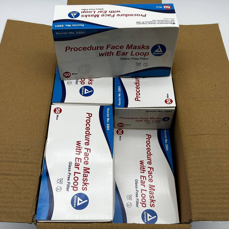 Dynarex 2201 Procedure Face Masks Blue Earloop Glass-Free Filter 600/Case 1
