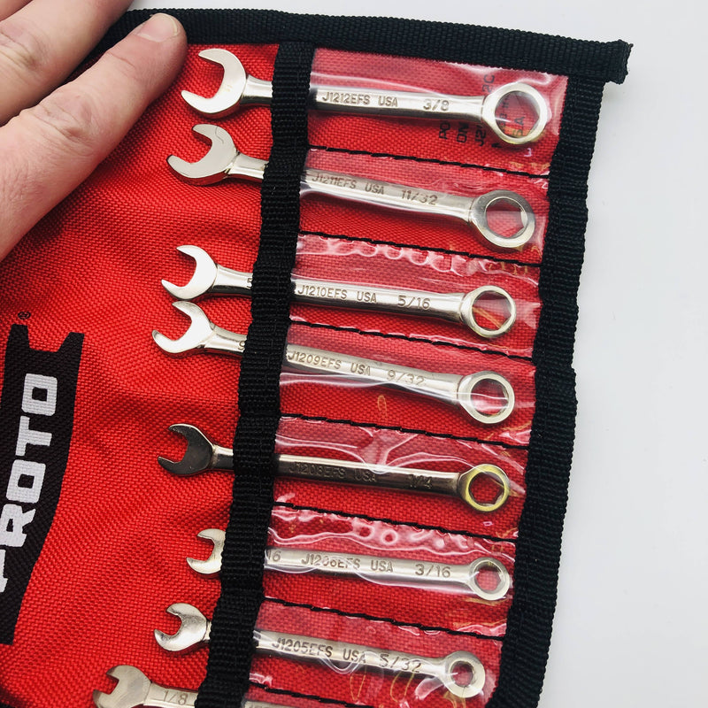 Proto J1200EFS Combination Short Wrench Set 6pt 8Pcs SAE W/ Tool Roll 1/8 to 3/8