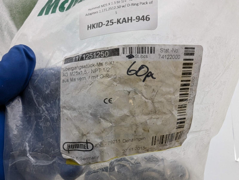 Hummel M25 X 1.5 to 1/2" NPT Thread Adapters 1.171.2512.50 w/ O-Ring Pack of 5 4