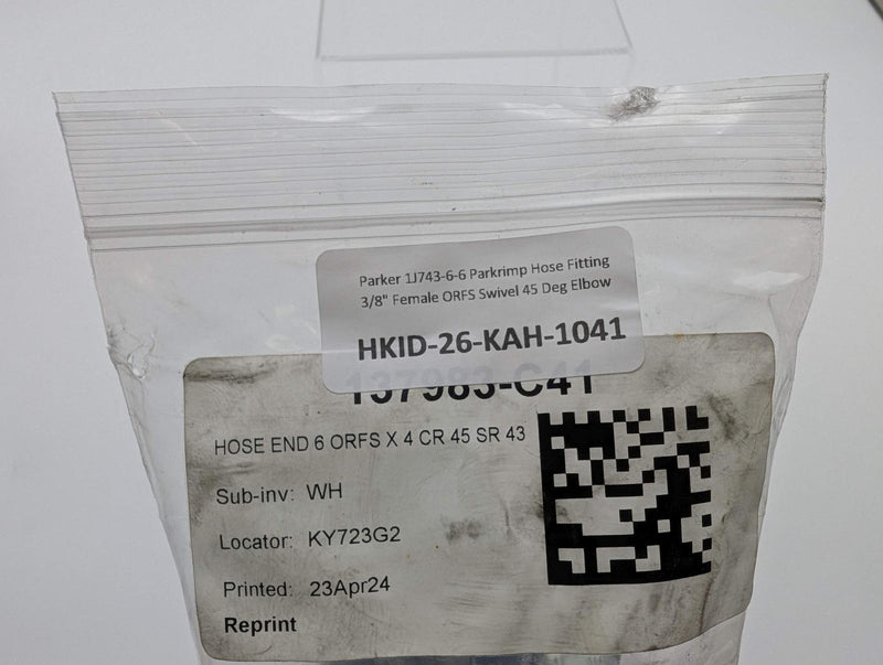 Parker 1J743-6-6 Parkrimp Hose Fitting 3/8" Female ORFS Swivel 45 Deg Elbow