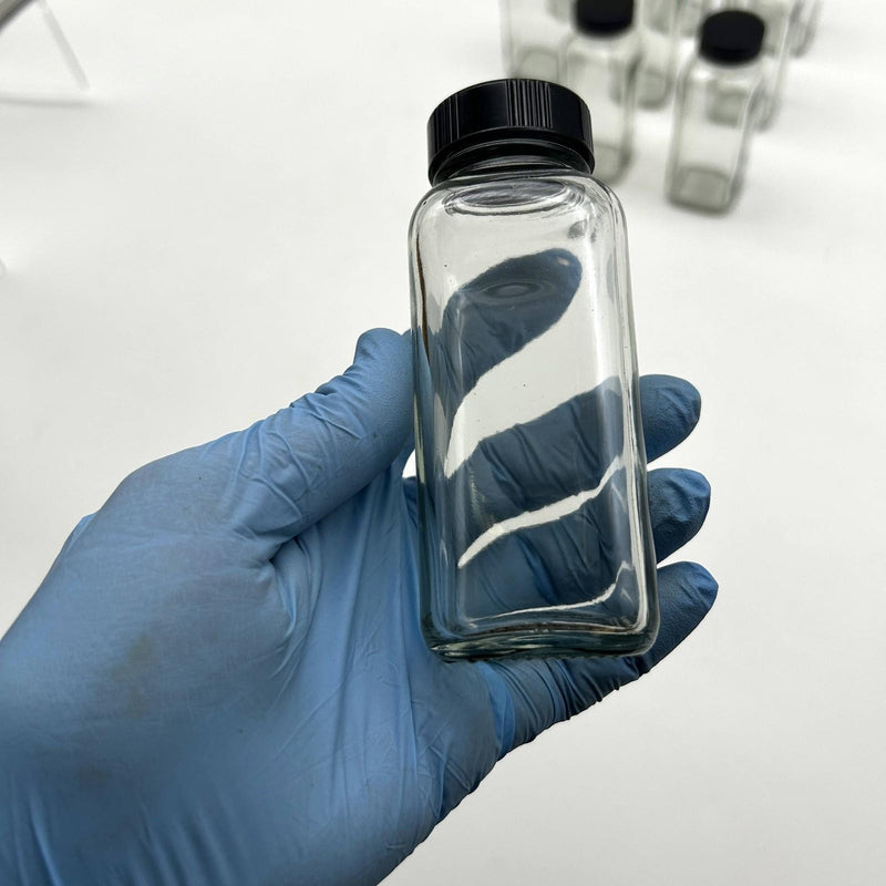 4 oz Clear Glass French Square Bottles w/ Black Caps Berlin Packaging 117191 9pk