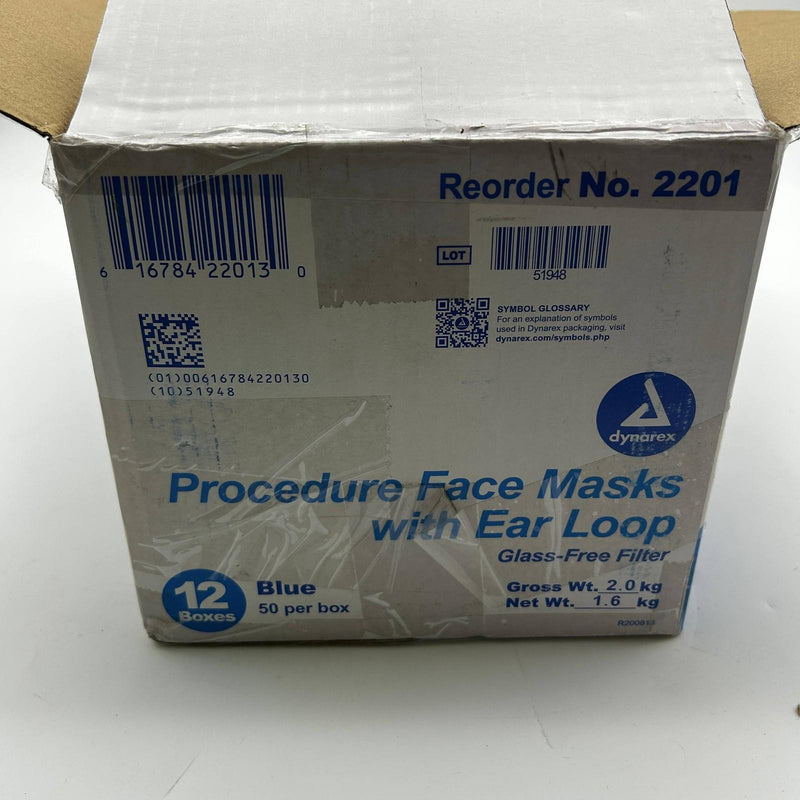 Dynarex 2201 Procedure Face Masks Blue Earloop Glass-Free Filter 600/Case 5