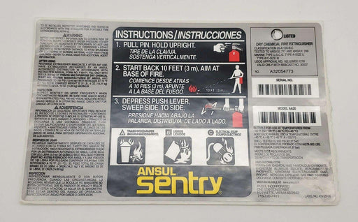 Ansul Maintenance & Operation Label for AA20 Fire Extinguisher 8" x 5" 1