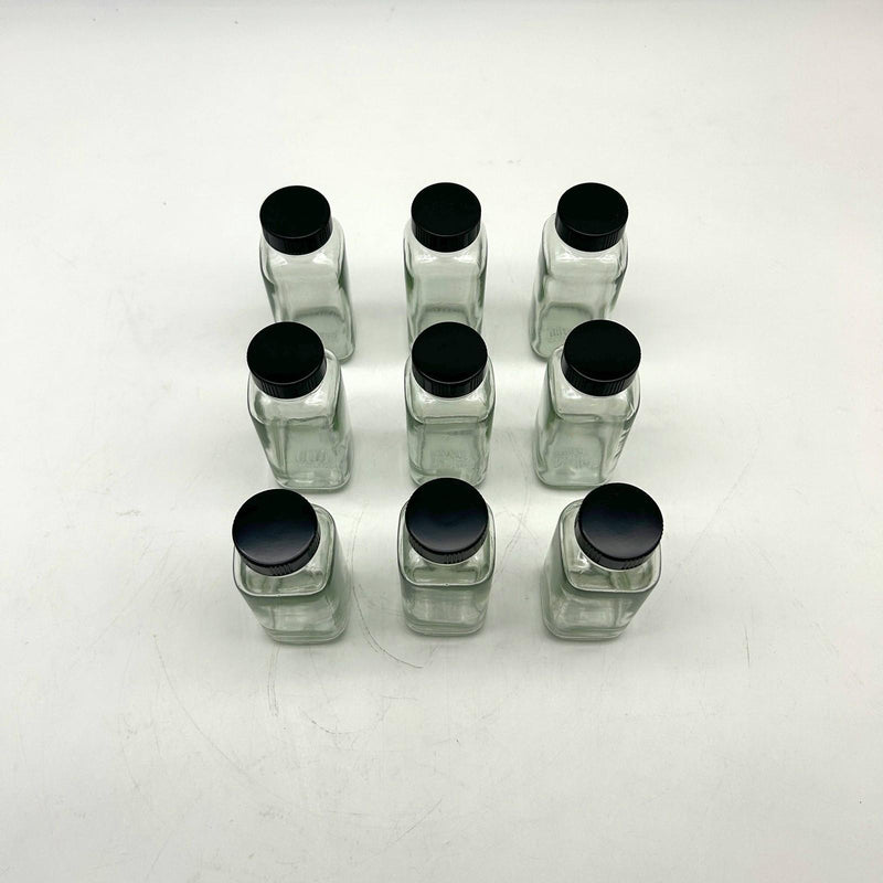 4 oz Clear Glass French Square Bottles w/ Black Caps Berlin Packaging 117191 9pk