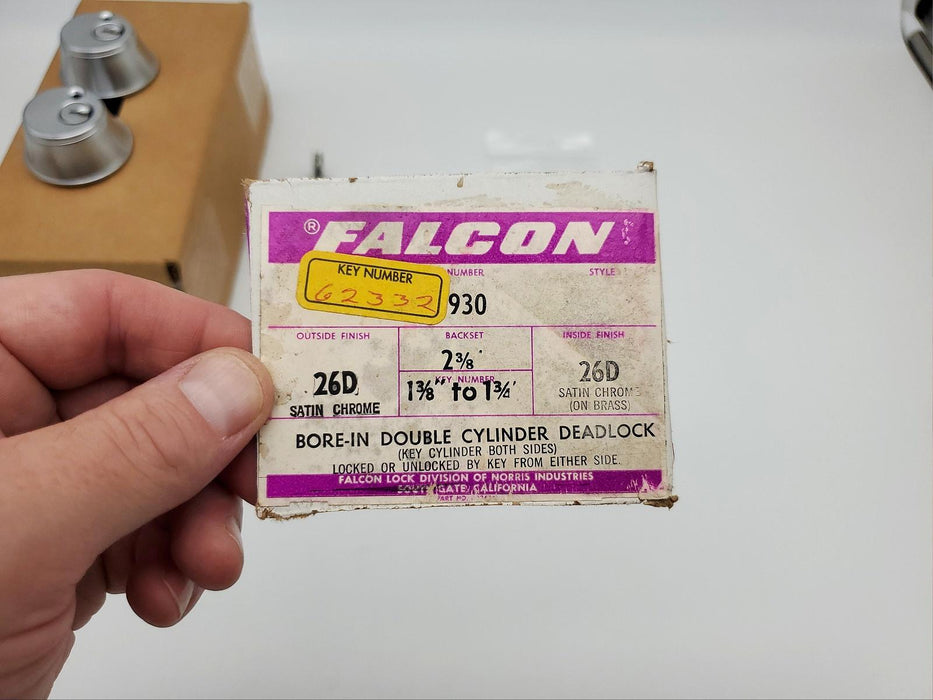 Falcon Deadbolt Double Cylinder Satin Chrome 2-3/8" Backset 930 Bore In USA Made 5