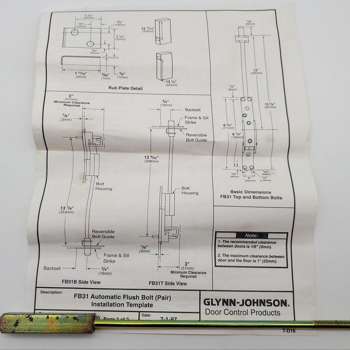 Glynn Johnson FB31T Automatic Flush Bolt Top Satin Chrome for Metal Doors 7