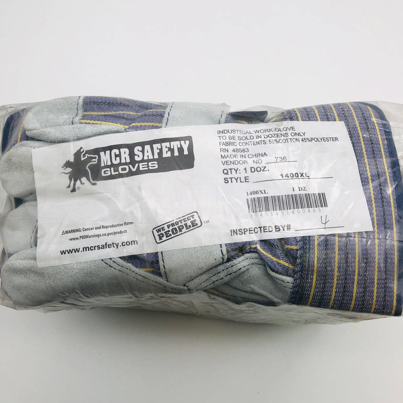 MCR Safety 1400 Split Leather Palm Work Gloves Size XL Safety Cuff 2.5"L 12 Pair 2