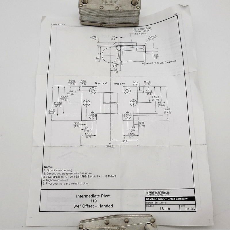 Rixson Intermediate Pivot 119 3/4" Offset Satin Brass RH Full Mortise Right Hand 9