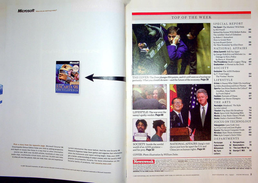 Newsweek Magazine November 10 1997 Dow Plunge Economy China Summit Clinton Jiang 3