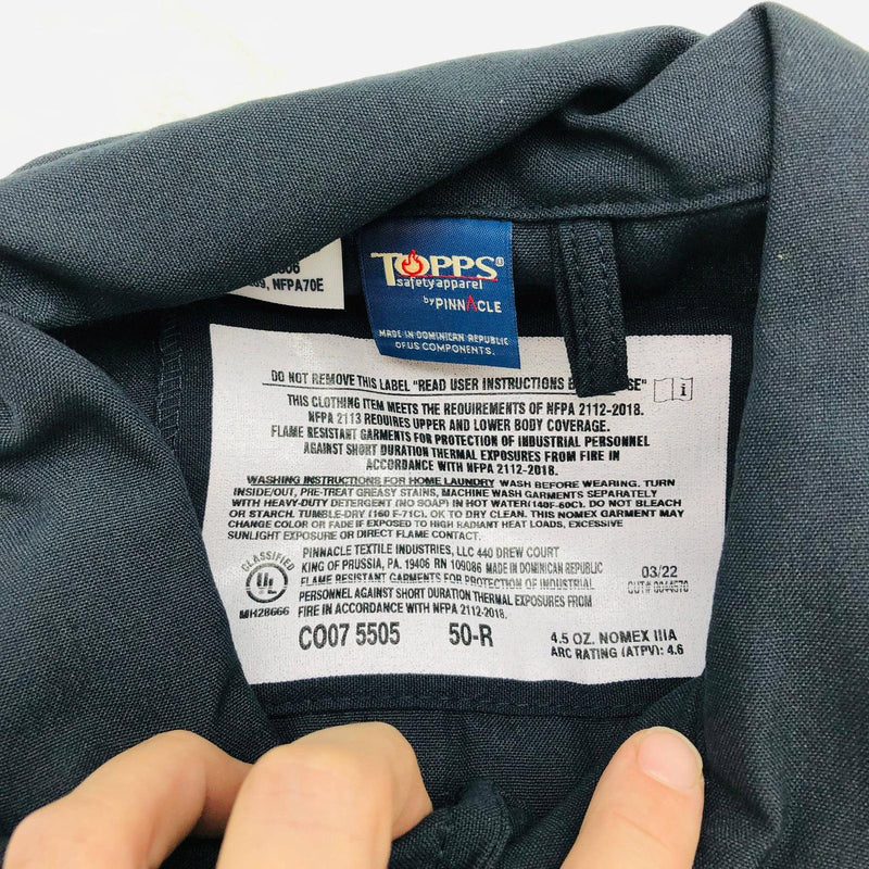 Topps CO07-5505 Coveralls Flame Resistant 50R Nomex 4.5oz Unlined Navy Blue NWT 2