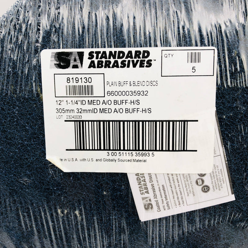 Standard Abrasives 819130 Buffing Discs 12" Dia 1-1/4" ID Medium A/O H/S 5pk 2