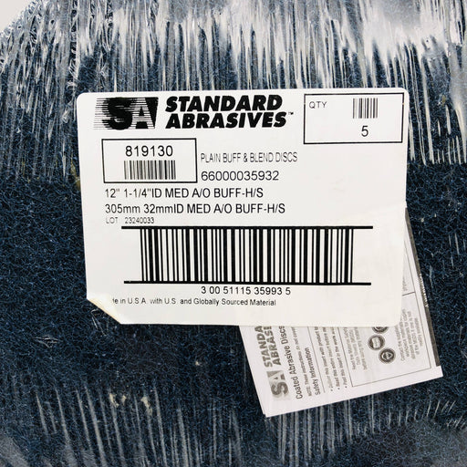 Standard Abrasives 819130 Buffing Discs 12" Dia 1-1/4" ID Medium A/O H/S 5pk 2