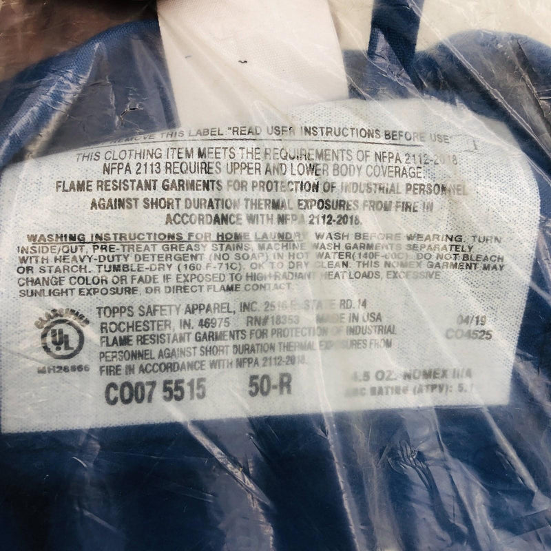 Topps Safety CO075515 Coveralls Size 50-R NOMEX IIIA Unlined Royal Blue RN 18353 4