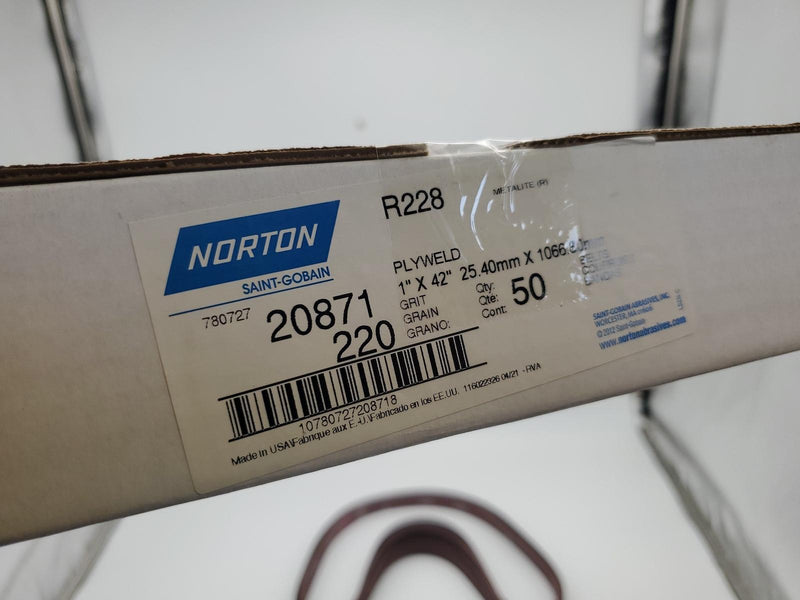 1" x 42" Sanding Belts 220 Grit Very Fine Norton 20871 Metalite Pack of 10 5