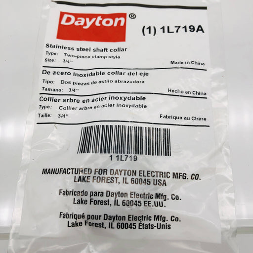 Dayton 1L719A Shaft Collar Stainless Steel Clamp On Style 3/4in Bore 2-Piece 2