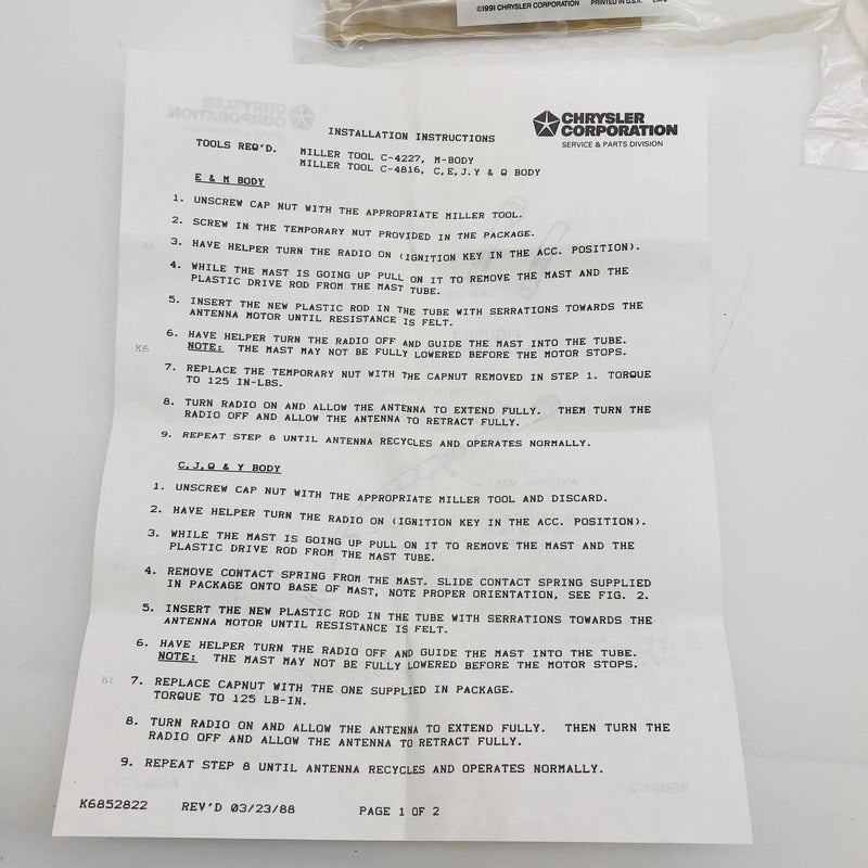 Mopar 04741282 Power Antenna Replacement Master Package OEM New Old Stock NOS 6