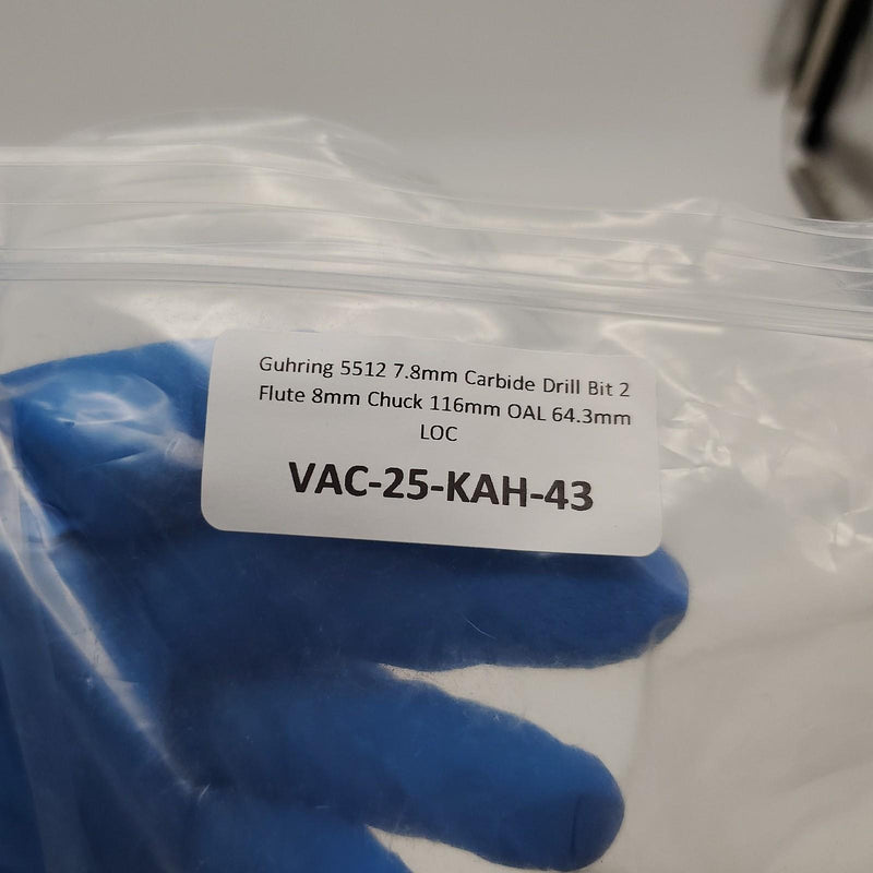 Guhring 5512 7.8mm Carbide Drill Bit 2 Flute 8mm Chuck 116mm OAL 64.3mm LOC 5