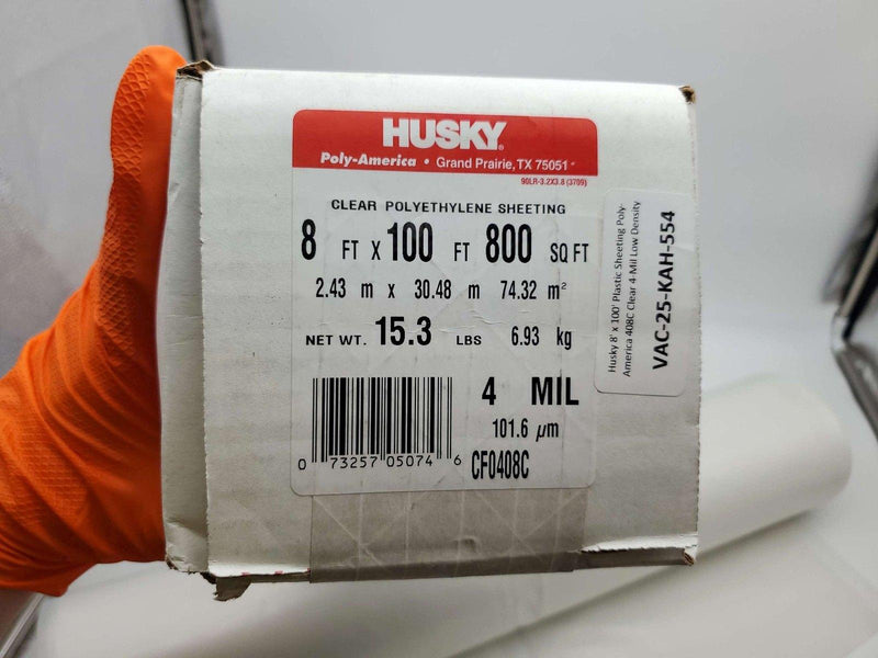 Husky 8' x 100' Plastic Sheeting Poly-America 408C Clear 4-Mil Low Density 4