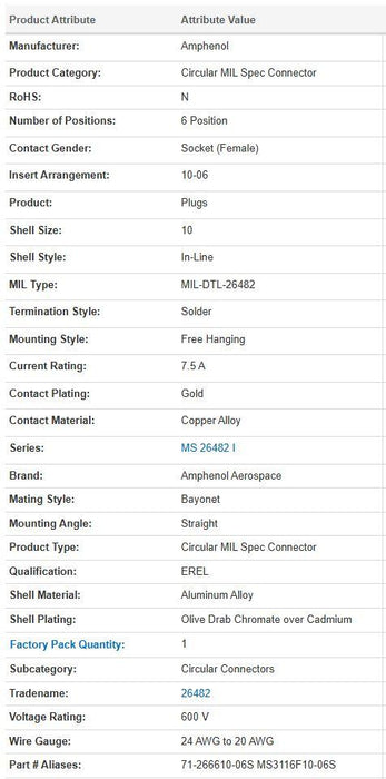 Amphenol Aerospace MS3116F10-6S 6 Pin Circular Connector Solder Socket Mil-Spec 3