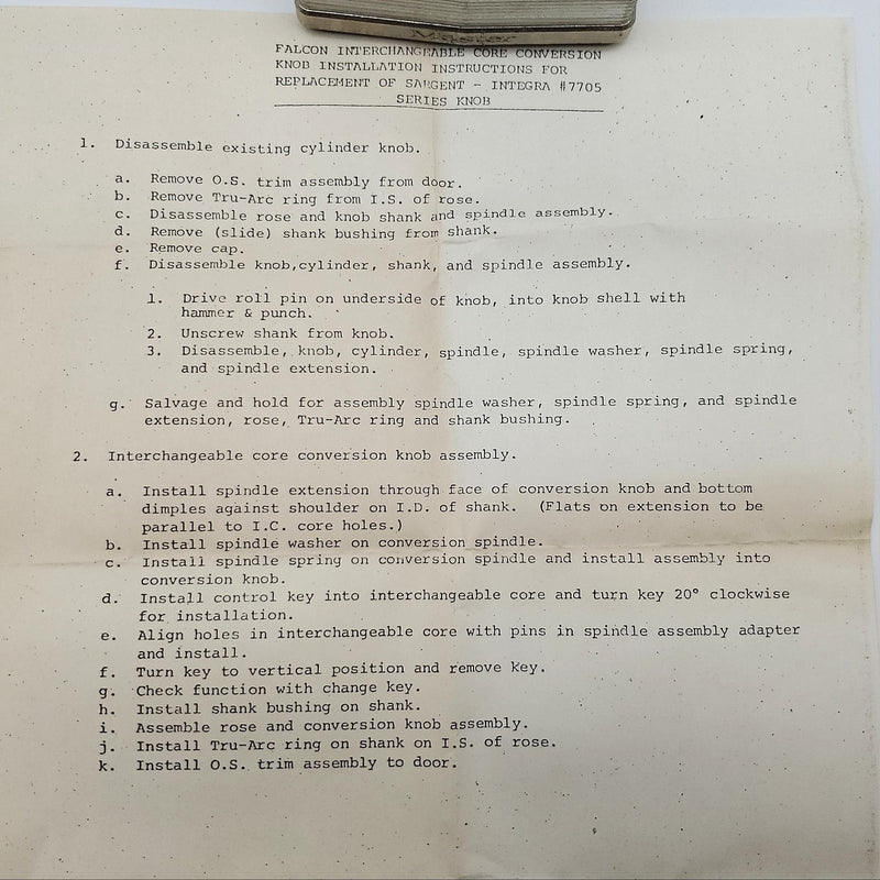 Falcon Door Knob SFIC Conversion Satin Aluminum A11963 Sargent Integra Locksets 7