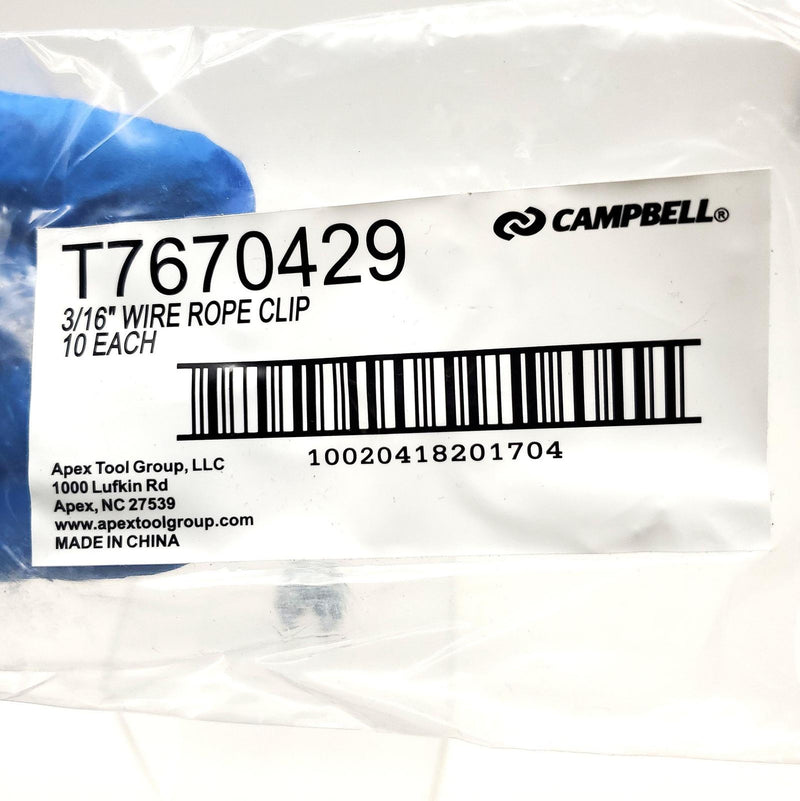 Campbell 3/16" Wire Rope Clip T7670429 Malleable Iron Electro-Galvanized 10 Pack 5