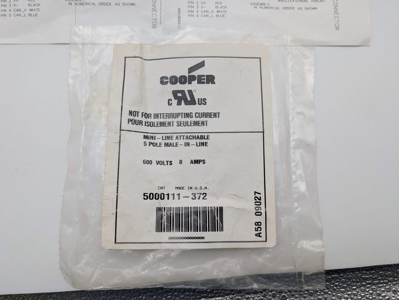 Eaton 5000111-372 Mini-Line Cable Assembly 8A 600V 5 Pin Quick Disconnect 6