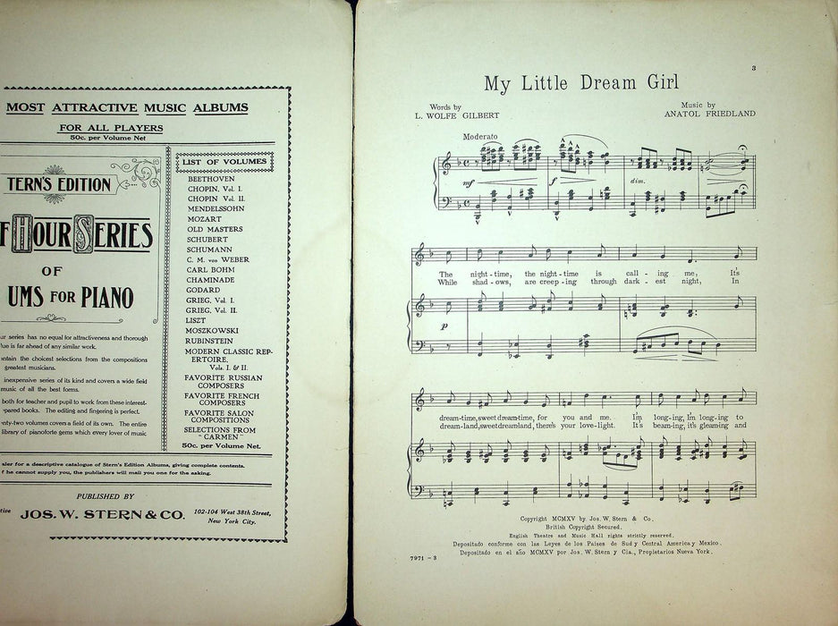 1915 My Little Dream Girl Sheet Music Lrge Wolfe Gilbert Anatol Friedland Duplex 2