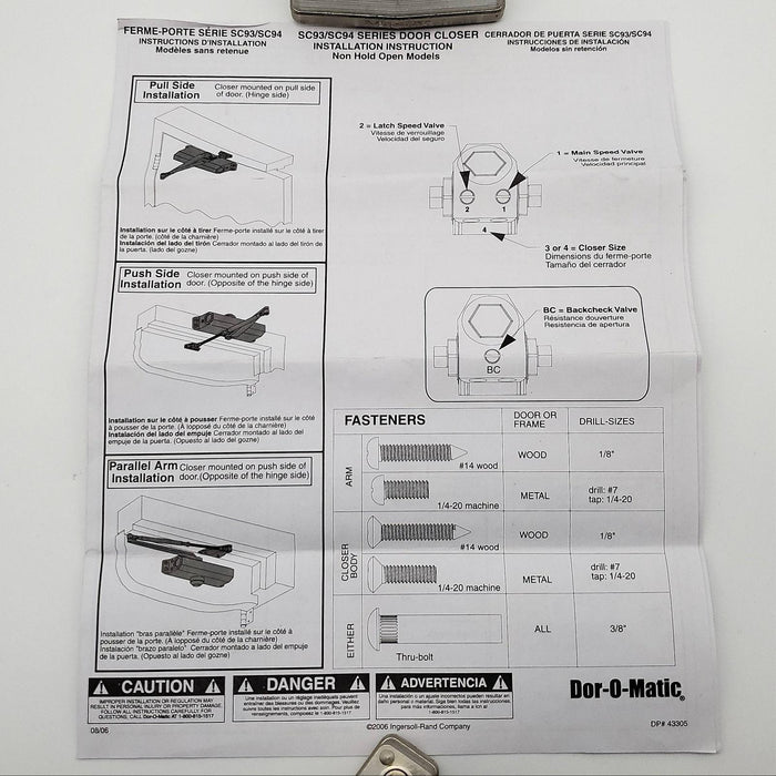 Door O Matic Door Closer SC94 RW / PA Aluminum TBWMS Size 1-4 No Cover NOS 11