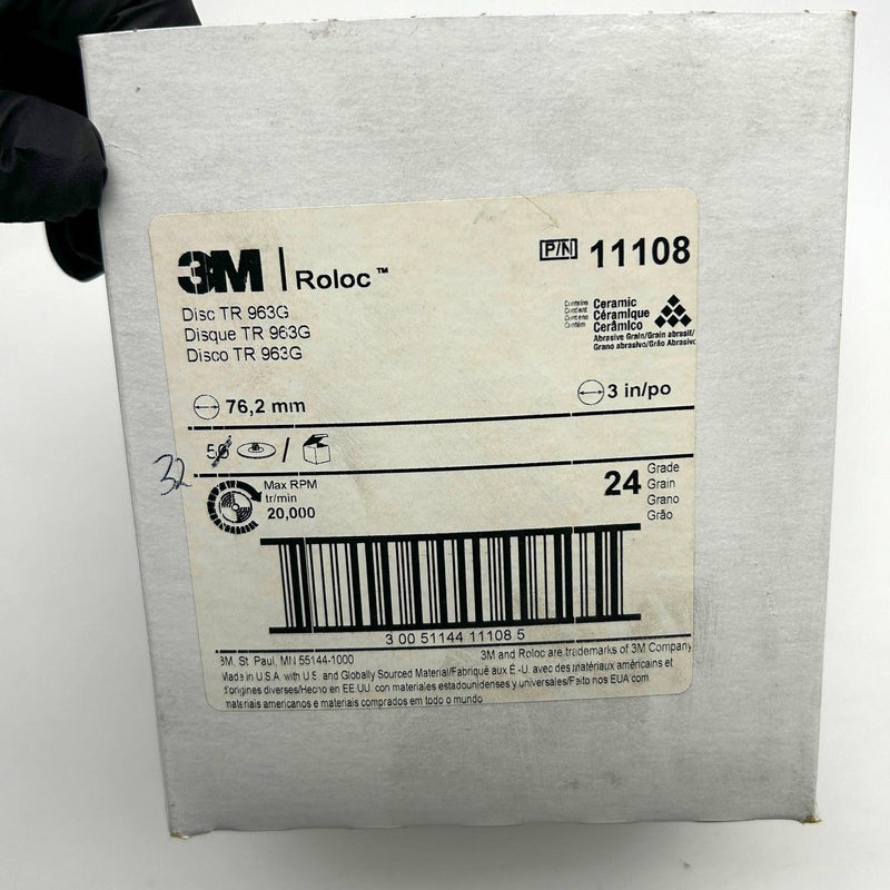 3M Roloc 11108 Disc 3in TR 963G 24 Grit Very Course Quick Change Ceramic 32pk 9