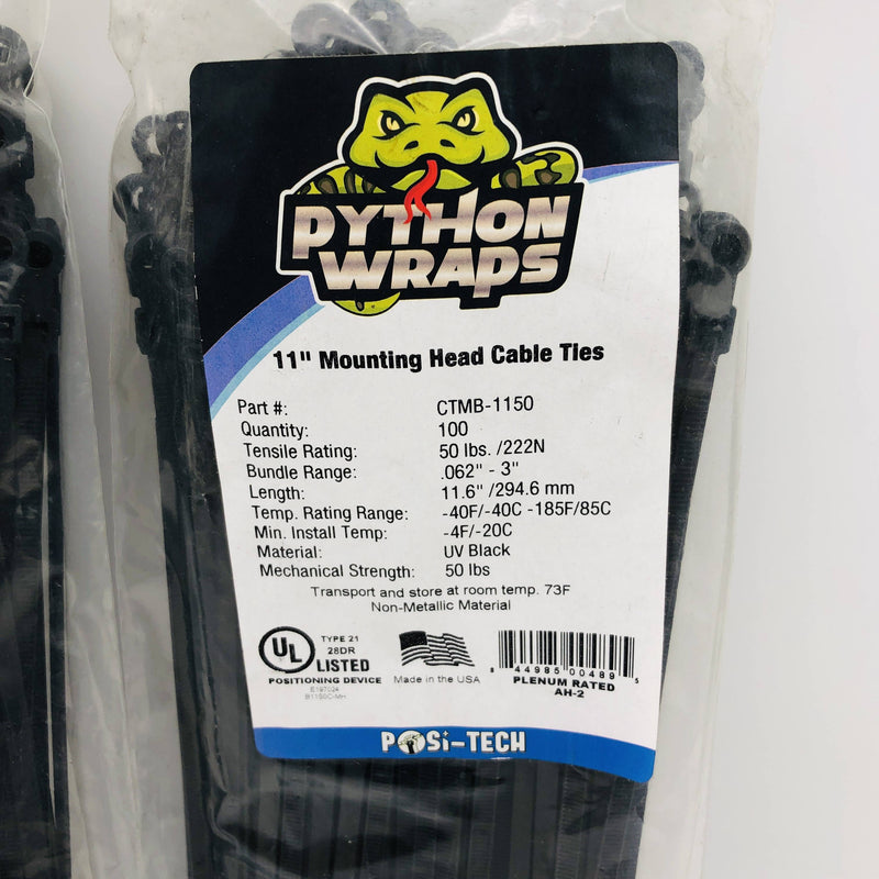 200 Cable Wire Wrap Zip Ties 11" 50lb UV Blk Mounting Head Hole Python CTMB-1150 2