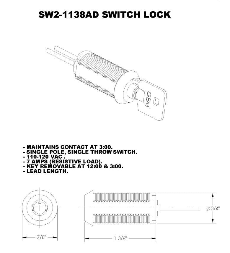 Fort Lock SW2-1138AD Switch Lock SPST Maintain 1-3/8"L Keyed Same Tubular 28V 7A 9