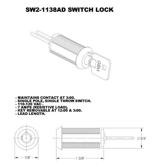 Fort Lock SW2-1138AD Switch Lock SPST Maintain 1-3/8"L Keyed Same Tubular 28V 7A 9