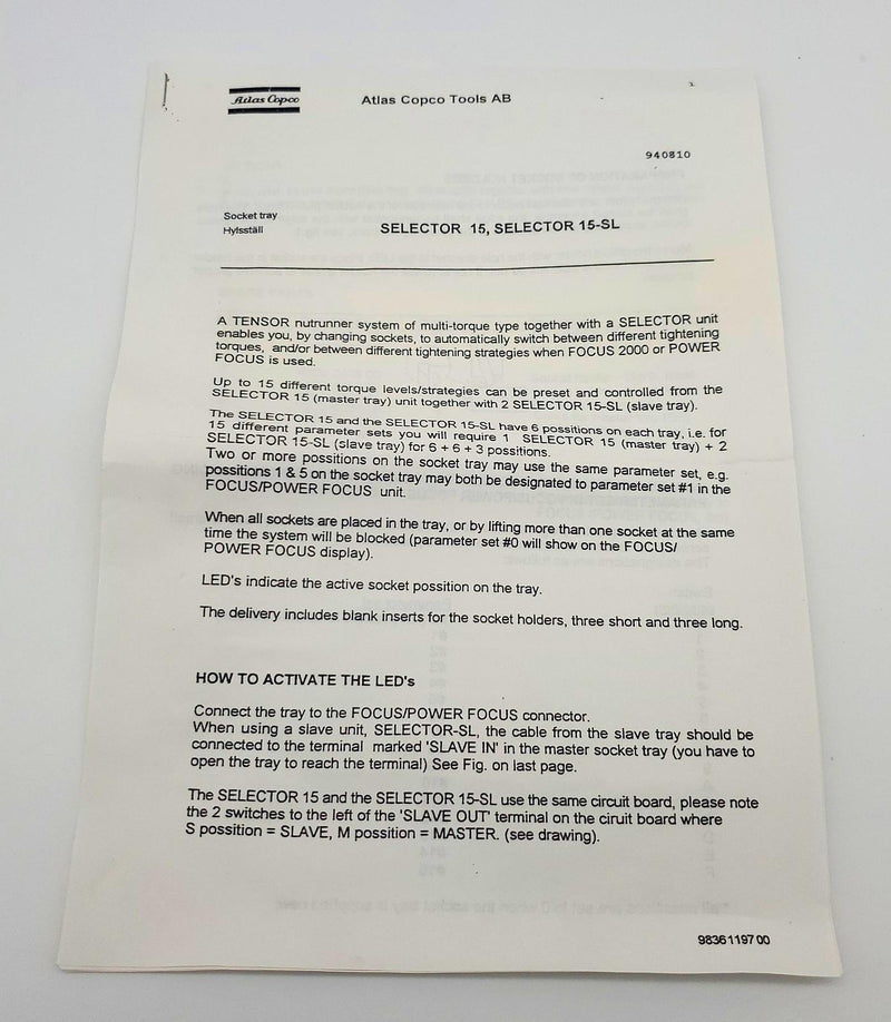 Atlas Copco 8433 0603 65 Selector 15-SL Socket Tray Slave for Tensor Nutrunner 7