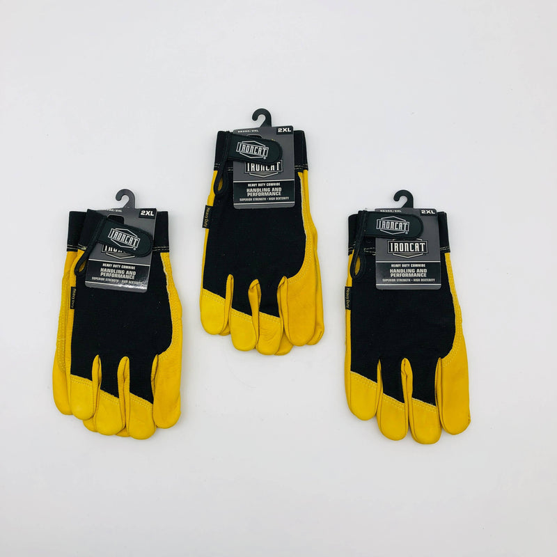 Ironcat 86350 Cowhide Leather Gloves 2XL Hvy Duty Mechanics Hook Loop 3 Pairs 8