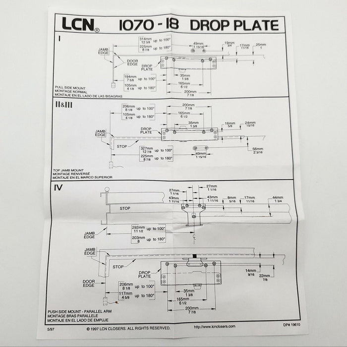 LCN 1070-18PA Mounting Plate Dark Bronze Parallel Arm Install Top Rail Less 4" 5