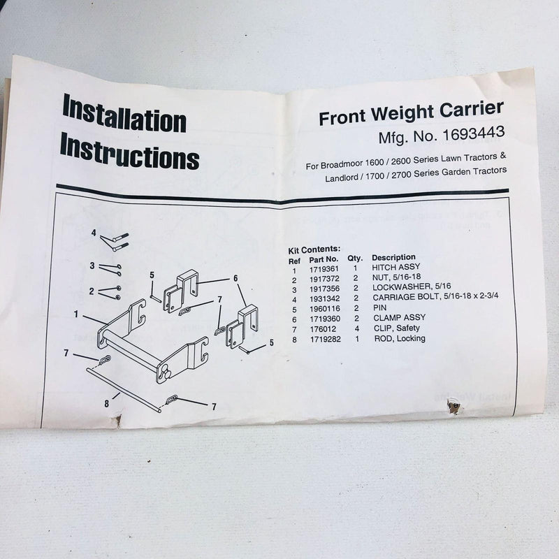 Simplicity 1693443 Front Weight Carrier Hitch Assembly 1719361 OEM New NOS 2