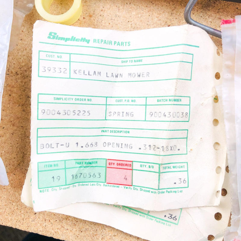 Simplicity 1670563 U Bolt for Axle Transmission No Nuts OEM NOS Discontinued 2