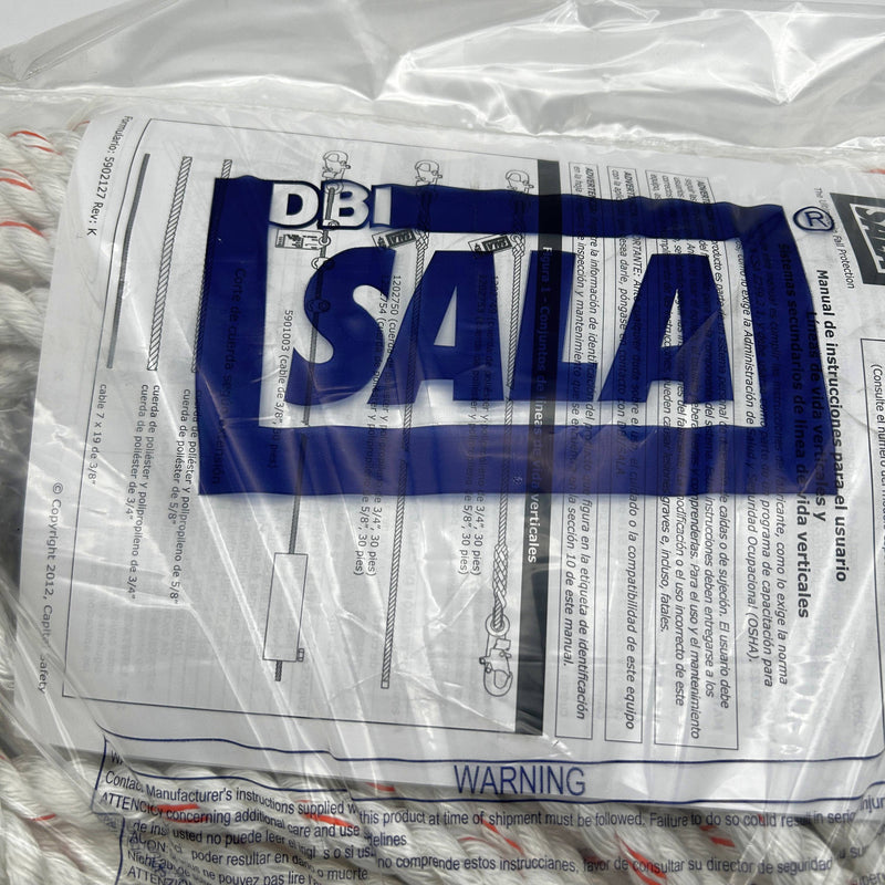 3M DBI-SALA Fall Protection 1202821 Rope Lifeline w Snap Hook 75' 5/8" Taped End