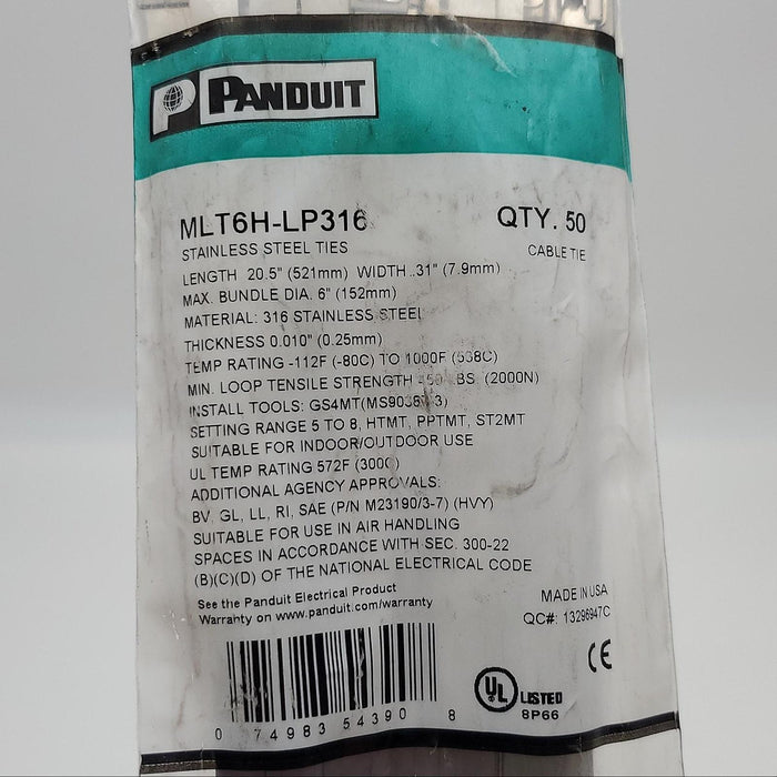 Panduit MLT6H-LP316 Cable Ties 20.5"L x .31"W 6" Diam Stainless Steel 50 Pack 5