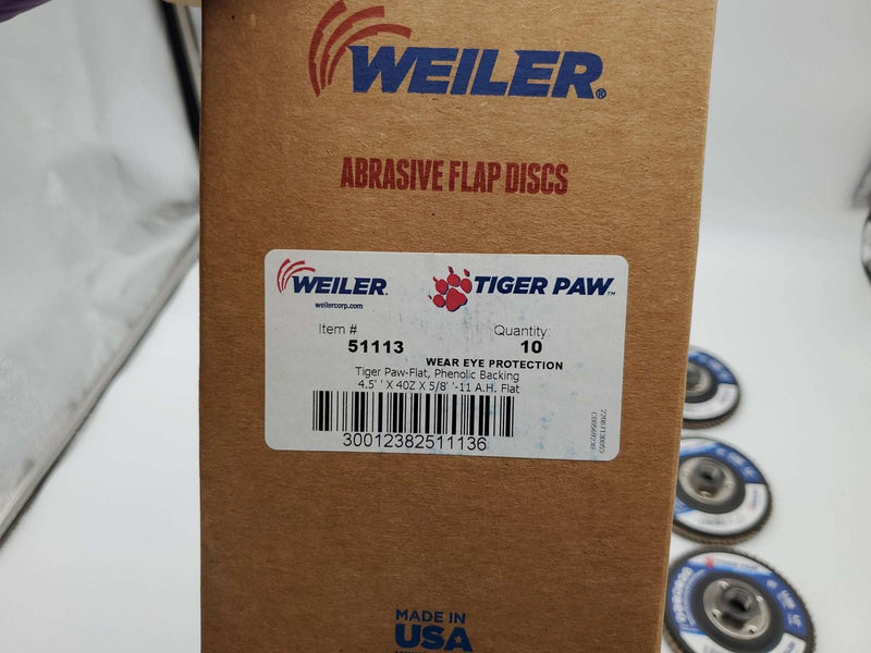 Weiler 4-1/2" Abrasive Flap Discs 40 Grit Phenolic 5/8"-11 Nut 51113 Pack of 10 4