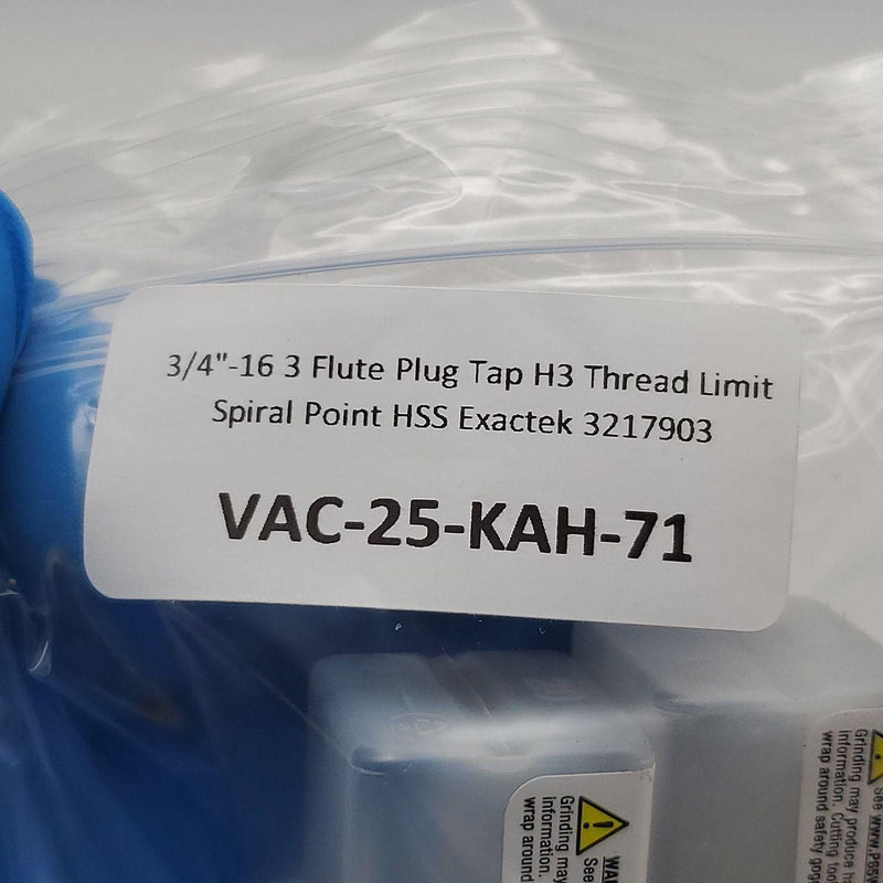 3/4"-16 3 Flute Plug Tap H3 Thread Limit Spiral Point HSS Exactek 3217903 5