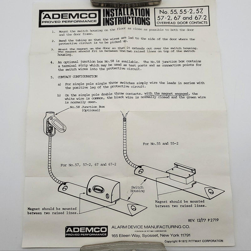 Ademco No 67 Overhead Do or Contact Magnetically Actuated 23" Cable USA Made NOS 7
