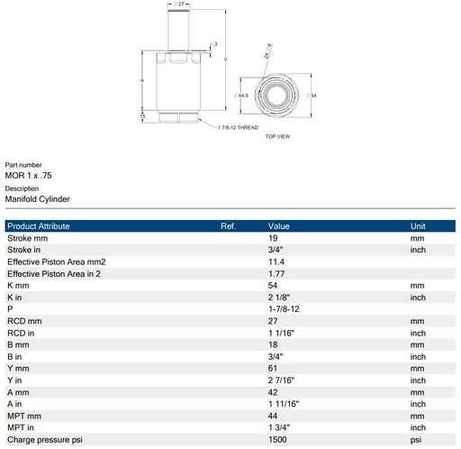 Hyson MOR 1 x .75 Manifold Cylinder 0.75" Stroke 1-7/8-12 Thread 1500 Series 2