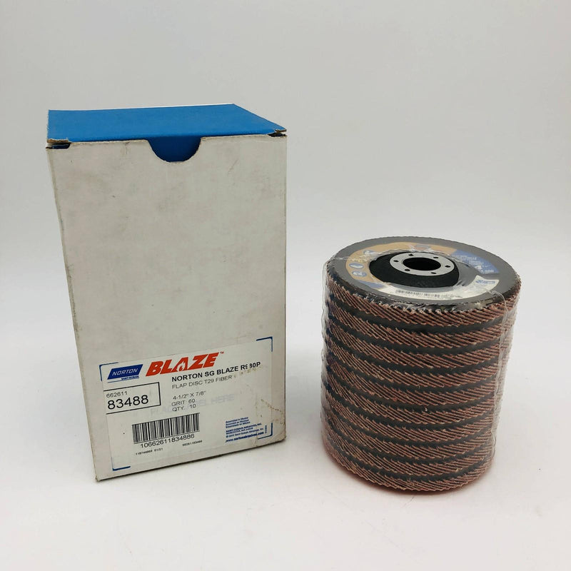 Norton 83488 Flap Disc Resin Fiber 4-1/2x7/8 Type 29 Blaze R980P 60 Grit 10/Box 8