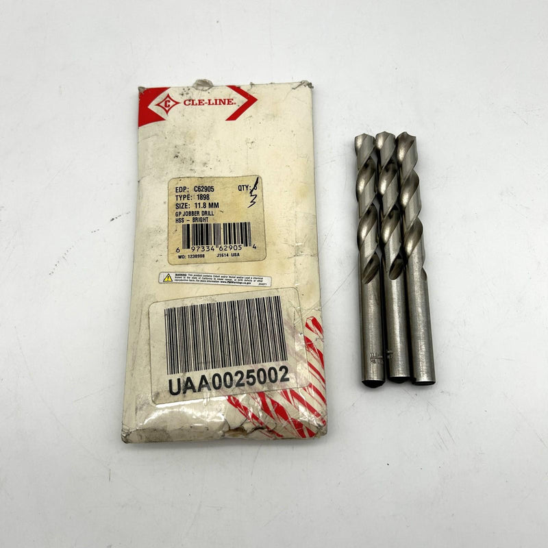 Cle-Line C62905 Jobber Drill Bit 11.8mm 1898 General Purpose HSS Bright Lot of 3