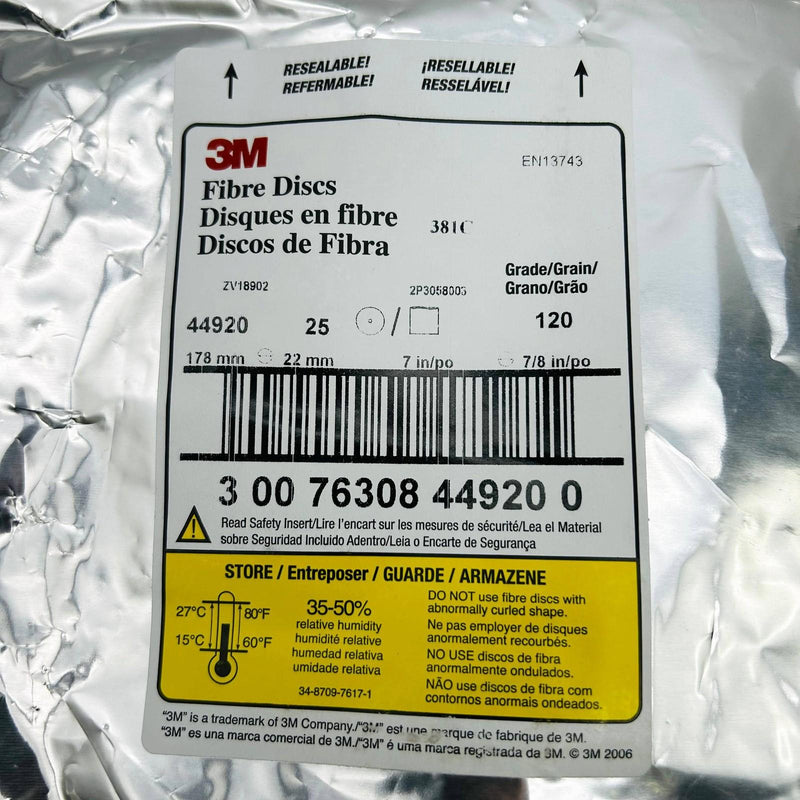 3M 44920 Fiber Fibre Disc 7 x 7/8" 120 Grit Octagonal Die 700WW 381C 25/Bag 2