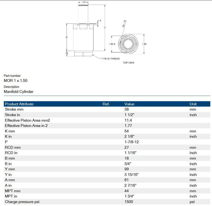Hyson MOR 1 x 1.5 Manifold Cylinder 1.5" Stroke 1-7/8-12 Thread 1500 Series 2