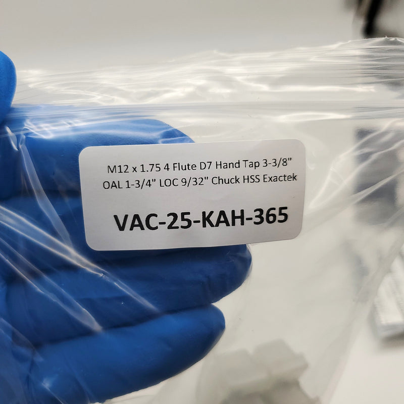 M12 x 1.75 4 Flute D7 Hand Tap 3-3/8" OAL 1-3/4" LOC 9/32" Chuck HSS Exactek