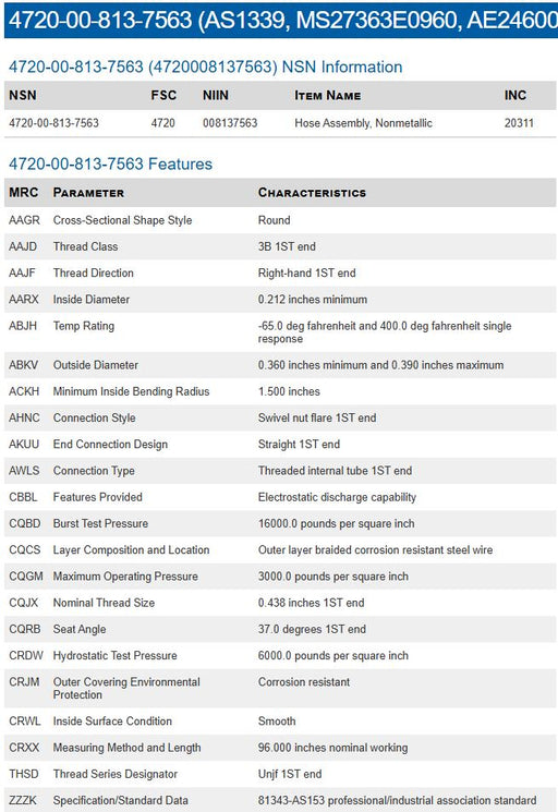 Aeroquip AC153-04-0960 96" Hose Assembly Nonmetallic 1/4" ID NSN 4720008137563 2